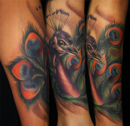 Ryan Mullins - colored traditional peacock tattoo, Ryan Mullins Art Junkies Tattoo